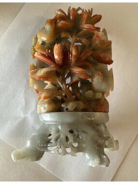 Chinese  Soap Stone Carved Figurine With  A Red Tinge Footed Base